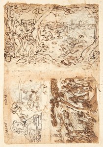 Recto, above: Crane Hunt Using Cones; Below, left: Jacob, Half Figure; Lion with a Blindfold Over His Head; Map of a Fortifications; Below right: Fox Hunt. Verso, above left: Starling Hunt; below left: Lion Hunt with Torches and Nets; right: Half Figures