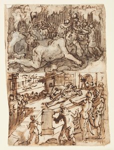 Sketchbook Page with Blinding of Cyclops by Jan van der Straet, called Stradanus