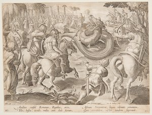 The Roman Consul Attilius Regulus Fighting a Giant African Serpent, plate 25 in the Venationes Ferarum series by Jan van der Straet, called Stradanus