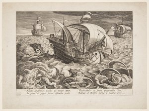 Three ships surrounded by monsters by Jan van der Straet, called Stradanus