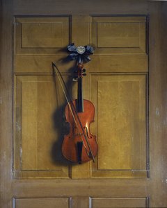 Violin and bow hanging on a door by Jan van der Vaardt