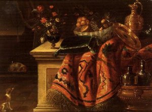 A Still Life with a Vase of Flowers, Fruit in a Bowl, a Silver-Gilt Ewer and Plate & a Cushion by Jan van the Elder (follower of) Kessel