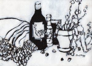 Still Life with Olive Oil and Pine Cones by Janel Bragg