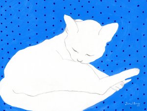 White Cat on Blue with Polka Dots by Janel Bragg
