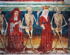 Hrastovlje fortified church, Trinity Church, Death accompanying Queen and cardinal, Dance of Death (1490) (detail)
