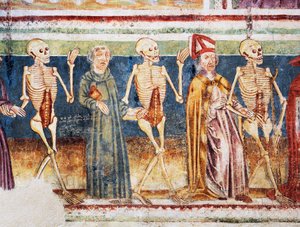 Hrastovlje Fortified Church, Trinity Church, Death Accompanying Bishop and Monk, Dance of Death (detail)