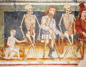 Hrastovlje fortified church, Trinity Church, Death accompanying child and poor, Dance of Death (1490) (detail)