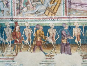 Hrastovlje Fortified Church, Trinity Church, Death Accompanying Merchant and Wealthy Banker, Dance of Death (detail)