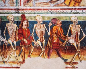 Hrastovlje Fortified Church, Trinity Church, Death Accompanying Merchant and Wealthy Banker, Dance of Death (detail)