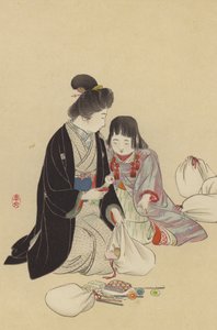 A Mother and her Girl arranging Presents to be sent to the Front by Japanese School