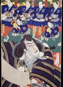 Actors, narrators and shamisen players, Kabuki theatre scene