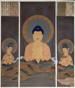 Apparition of the Buddhist Trinity, Buddha Amitabha and his two Bodhisattvas, Kannon (Compassion) & Seishi (Wisdom) on the mountain, illustration from the magazine 