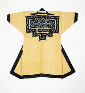 Ceremonial robe (attush) of Ainu population with traditional Ainu motifs, chain stitch embroidery, elm tree bark, wool and cotton