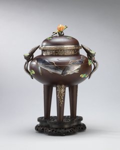 Enamel and soft-metal-inlaid iron incense burner, sealed Koichi Shin (Takasaki Koichi), Meiji Period by Japanese School