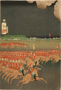 French and British troops engaged in military training manoeuvres, Yokohama, Japan. British cavalry exercise. Part of triptych by Taiso Yoshitoshi (1839-1892) Japanese Ukiyo-e artist