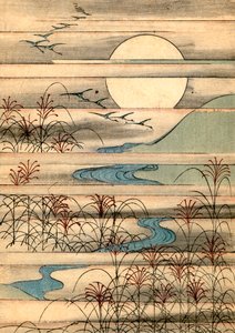 Full Moon Over a River Landscape by Japanese School