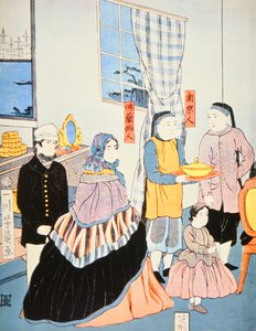 Japanese print c.1870 showing European visitors to Japan
