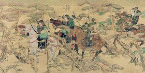 Japanese soldiers on horseback riding through a pine forest during the Mongolian invasion of Japan in 1274, illustration from Kokka magazine, May 1921