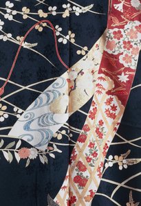 Kimono Furisode (billowing sleeves) worn by young unmarried women on elegant occasions and Maiko (Geisha student), Silk with floral and plant motifs, floating panels, detail, Kaga-Yuzen dyeing, Tokamachi weaving mills, Japanese civilization, 20th century