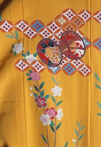 Kimono Girl (7 years) Similar to That of Adult Women for Feast of Shichi-Go-San When Going to Shinto Shrine with Their Family, Silk, Floral Motifs, Cherry Blossoms, Taiko Drum (detail)