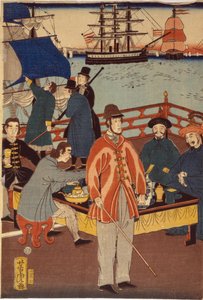 One print of triptych showing European merchants taking refreshment with Japanese. In the background are ships in Yokohama harbour, Japan by Japanese School