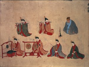 Seven seated musicians, from the musical performances of Ryukyu, c.1800-50 by Japanese School