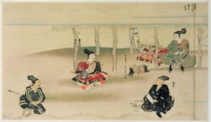 Samurai Takezaki delivers the heads of two Mongol invaders to Adachi Morinume during the Mongolian invasion of Japan in 1274, illustration from Kokka magazine, May 1921 by Japanese School