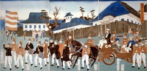 Triptych showing a parade of foreigners, Yokohama, in a horse-drawn open carriage and led by man carrying the stars-and-stripes, and a military band, 1861