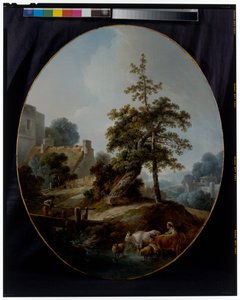 Landscape With A Young Boy and A Shepherdess With Cows and Sheep by Jean Baptiste Huet