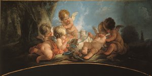 Group of Five Lovers Playing with Two Sheep