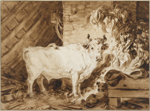 White Bull and a Dog in a Stable by Jean Honore Fragonard