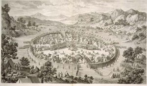 Tchao-Hoei Occupies his Troops with Exercises and Military Games in 1758, plate 5 from a series of prints representing the conquests of Qianlong, the Emperor of China, engraved by Pierre Philippe Choffard 1772 by Jean (d.1781) (after) Damascene
