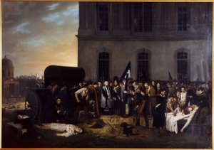 Temporary burial of the victims of July in front of the Louvre colonnade by Jean Alphonse Roehn