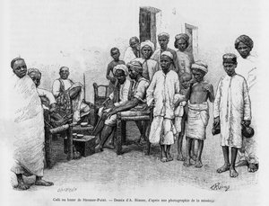 Cafe at Steamer Point Bazaar, Aden, Yemen. Engraving by A.Rixens to illustrate the story 