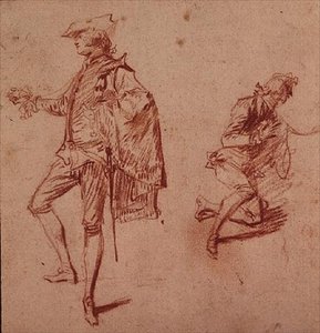Drawing of a Young Man Standing and Another Kneeling by Jean Antoine Watteau