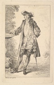 Standing man with his right hand resting on a basin, shown in three-quarters view by Jean Antoine Watteau