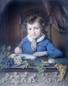 Portrait of a Boy, Sitting in a Window Niche and Dressed in a Blue Jacket by Jean Augustin Daiwaille (attributed to)