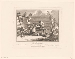 Figures by a Scissors Grinder in Front of a Wooden House Under Construction