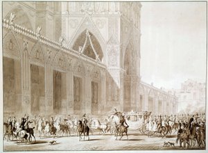 The Arrival in Carriage of Emperor Napoleon I and Empress Josephine de Beauharnais at the Cathedral Notre Dame de Paris on the Day of the Sacred