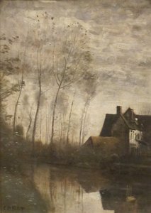 A River Scene with Houses and Poplars by Jean Baptiste Camille Corot
