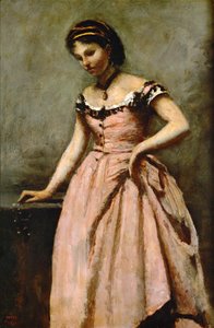Girl in Pink Dress with Roses and a Pearl by Jean Baptiste Camille Corot