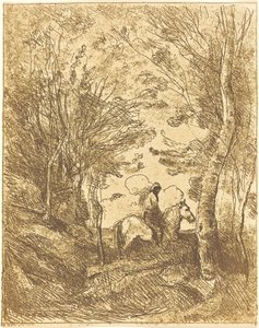 Horseman in the Woods, Large Plate by Jean Baptiste Camille Corot