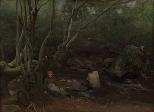 Lormes: Goat-Girl Sitting Beside a Stream in a Forest by Jean Baptiste Camille Corot