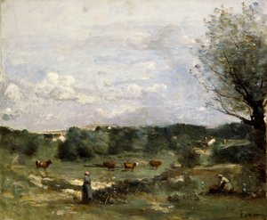 Meadow with Cows, a Willow on the Right and a Distant Village by Jean Baptiste Camille Corot