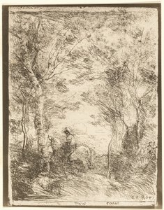 The Rider in the Woods, small plate by Jean Baptiste Camille Corot