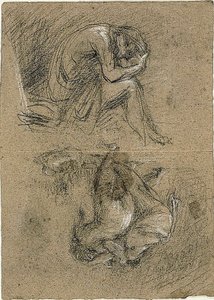 Sketches: Seated Man with Head in Hands and Two Figures Bending Toward Others in Background (recto); Reclining Woman (verso) by Jean Baptiste Carpeaux