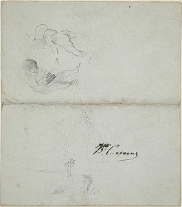 Sketches of Two Children, Boats at Sea (front); Sketches of Striding Male Figure Holding Staff and Coastal Scene (back) by Jean Baptiste Carpeaux