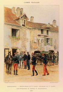 Types and Uniforms of the French Army of Captain Jules Richard, illustrated by Edouard Detaille (1848-1912): Administration: Medicin Major of 2nd Class; Aide Major of 1st Class; Veterinary Aide First and Telegrapher in 1887, Private Collection