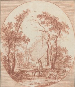 A Farmer and a Sheep Crossing a Rustic Bridge by Jean Baptiste Le Prince