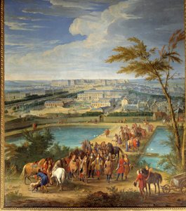 View of the city and the castle of Versailles taken from the hill of Montbauron, Louis XIV and Francois Michel le Tellier, Marquis de Louvois visit the new reservoirs